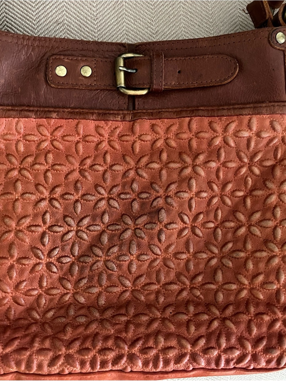Sundance Anabaglish Embossed Floral Leather Tote in Rust Brown